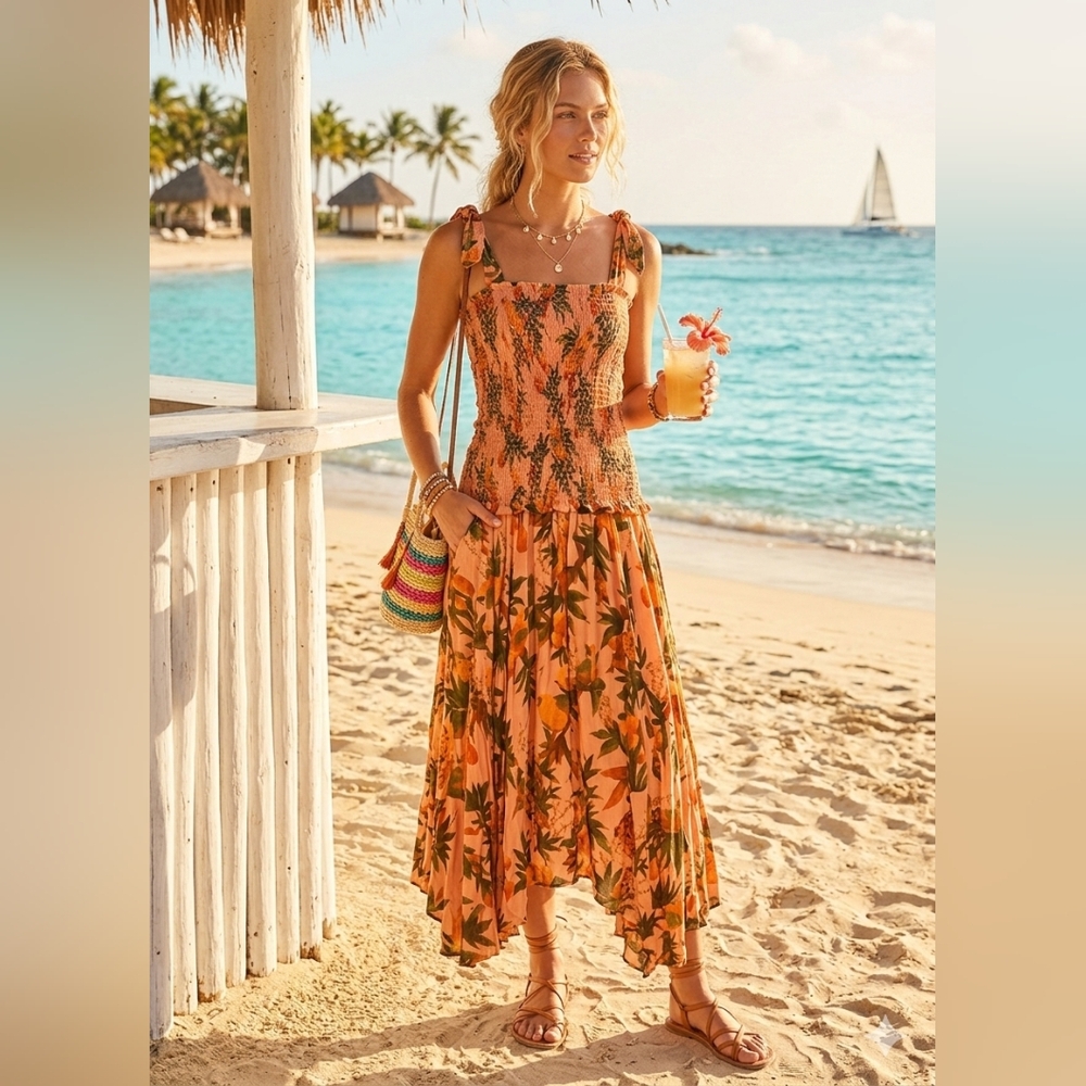 NWOT Farm Rio pink tropical print drop waist smocked spring maxi dress L